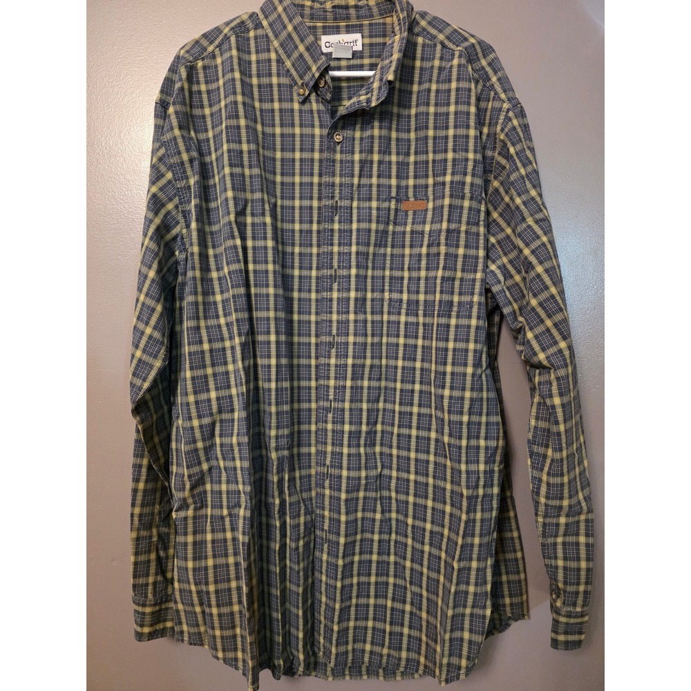 Carhartt Mens XL Tall Plaid Button Down Shirt Navy Yellow Cotton Long Sleeve